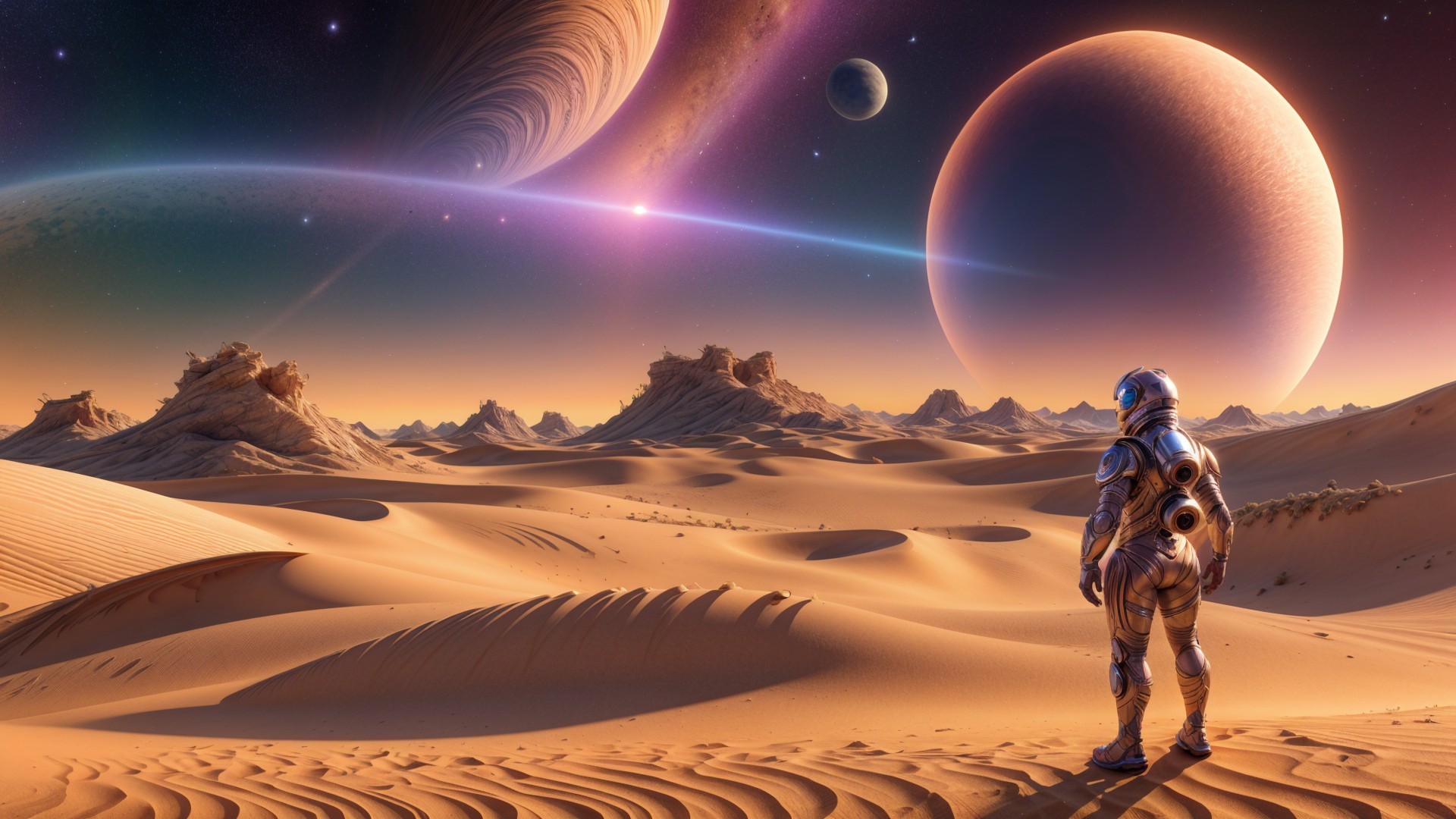 Astronaut in a Desert Landscape with Cosmic Sky