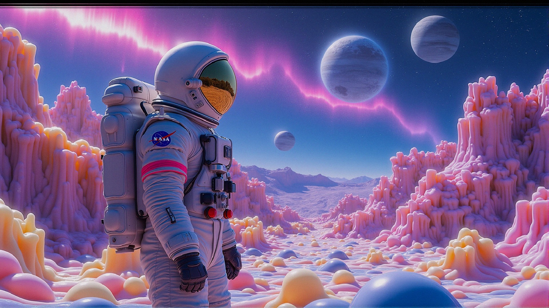 Astronaut on Alien Planet with Colorful Rock Formations