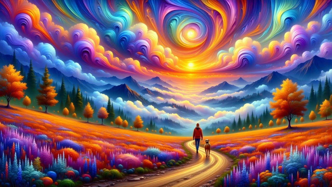 Vibrant Landscape with Colorful Clouds and Pathway