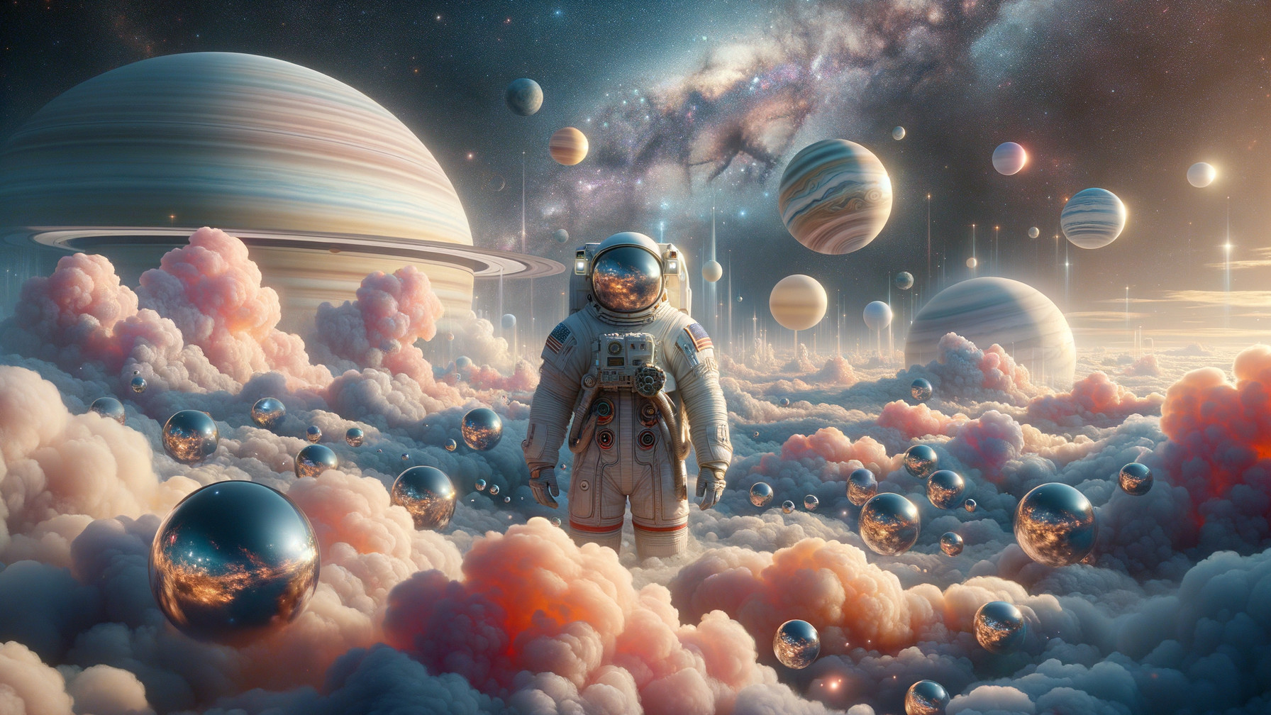 Astronaut in a Cosmic Landscape with Vibrant Planets