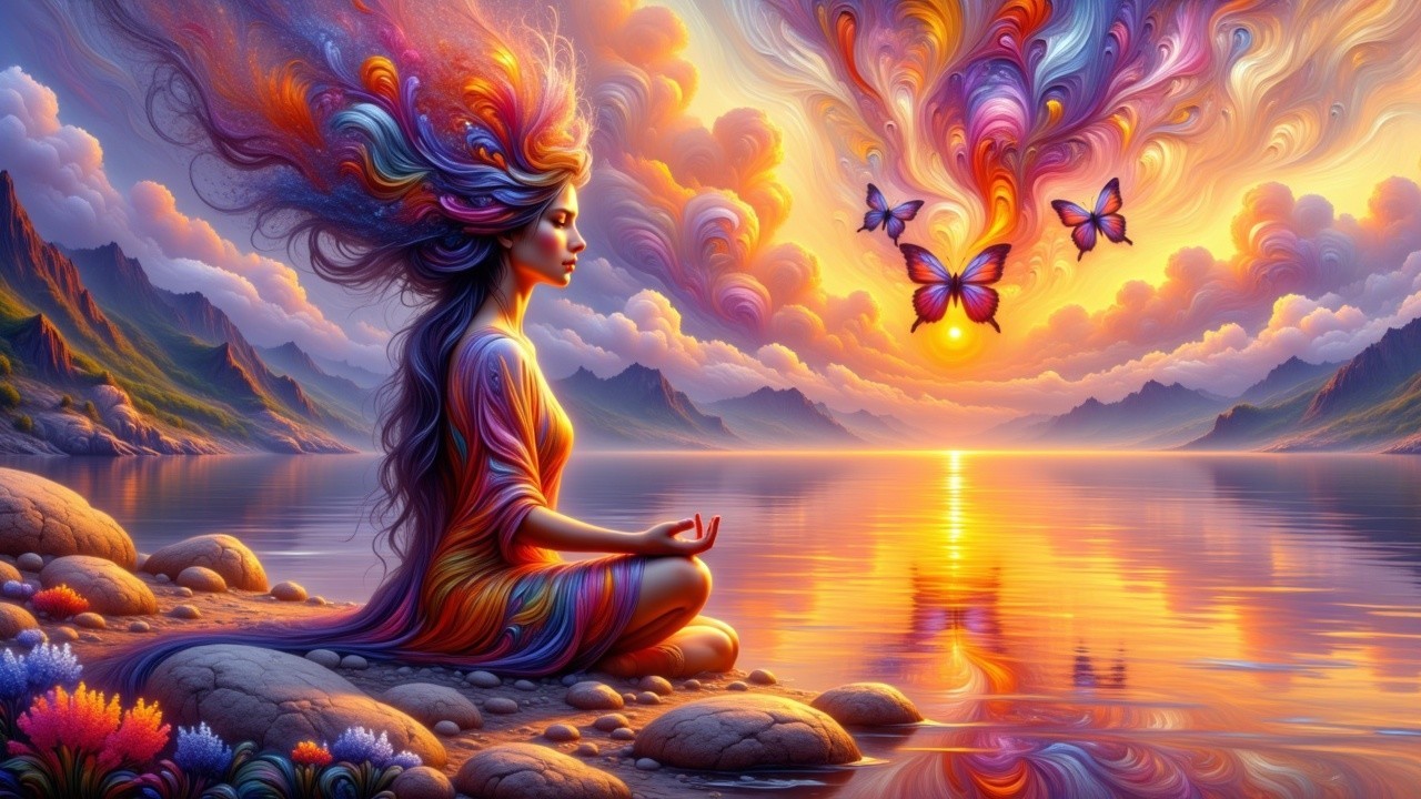 Serene Woman Meditating by a Tranquil Lake at Sunset