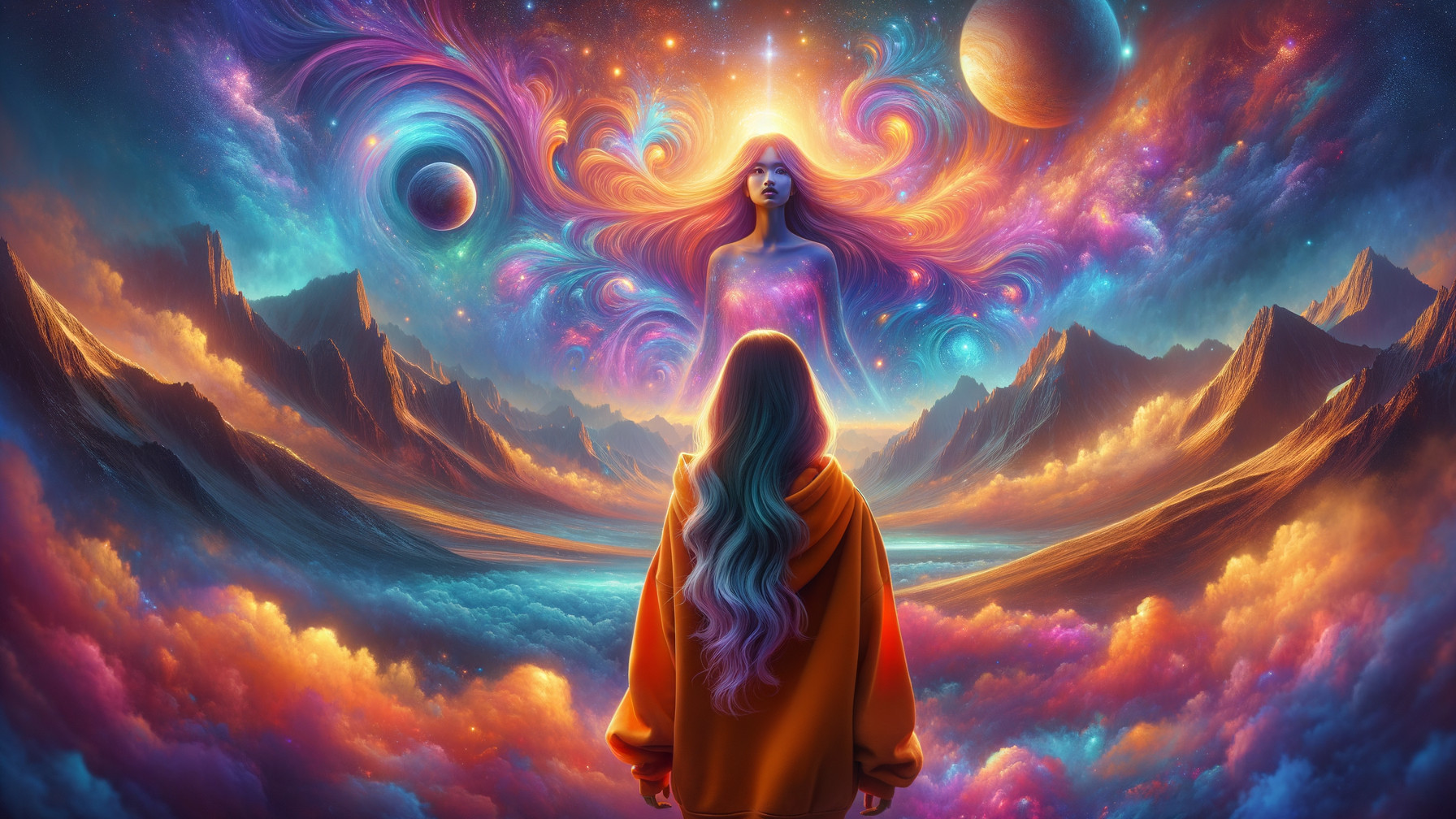 Ethereal Scene with Cosmic Being and Vibrant Colors