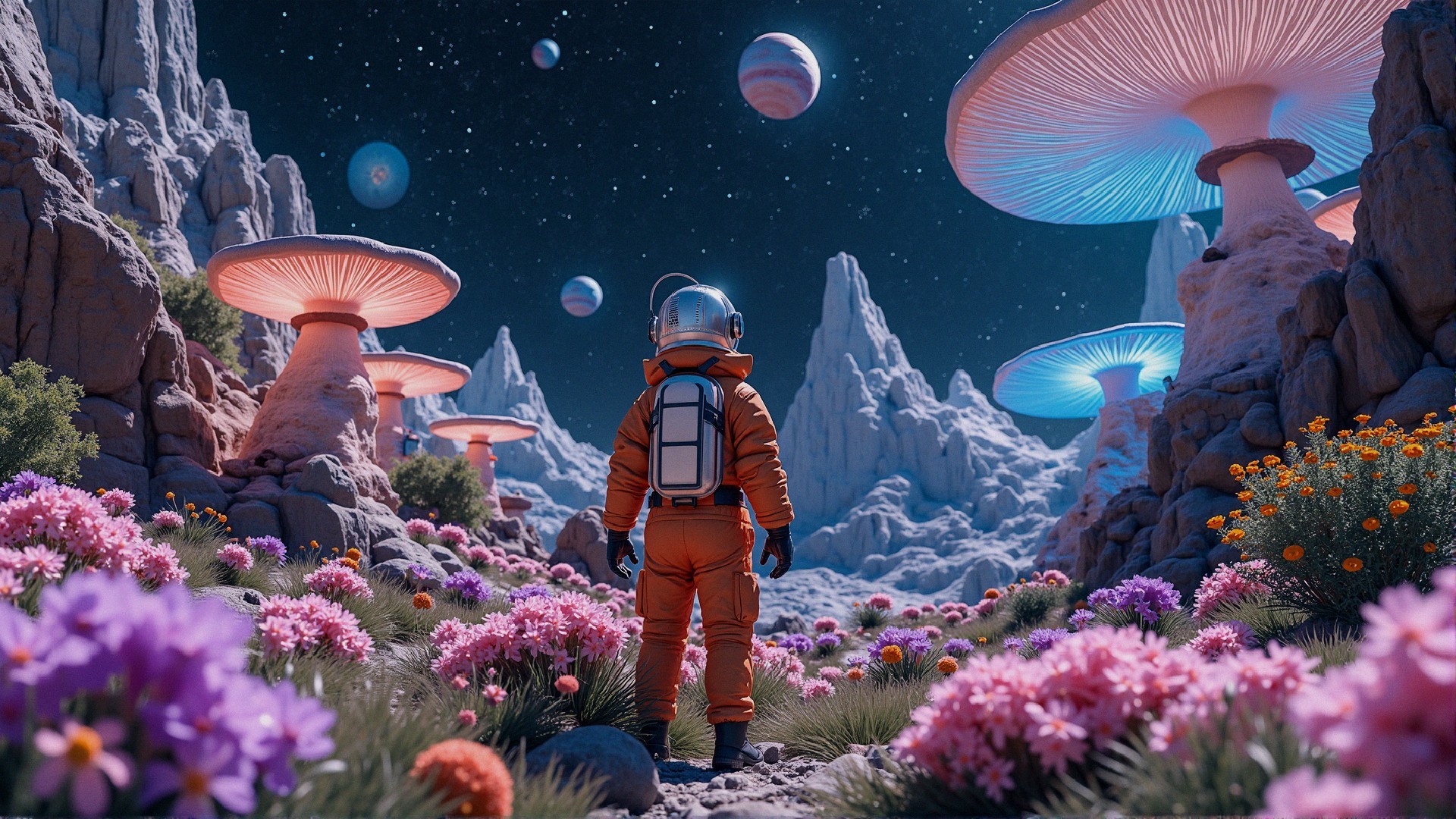 Astronaut in Alien Landscape with Luminescent Flora