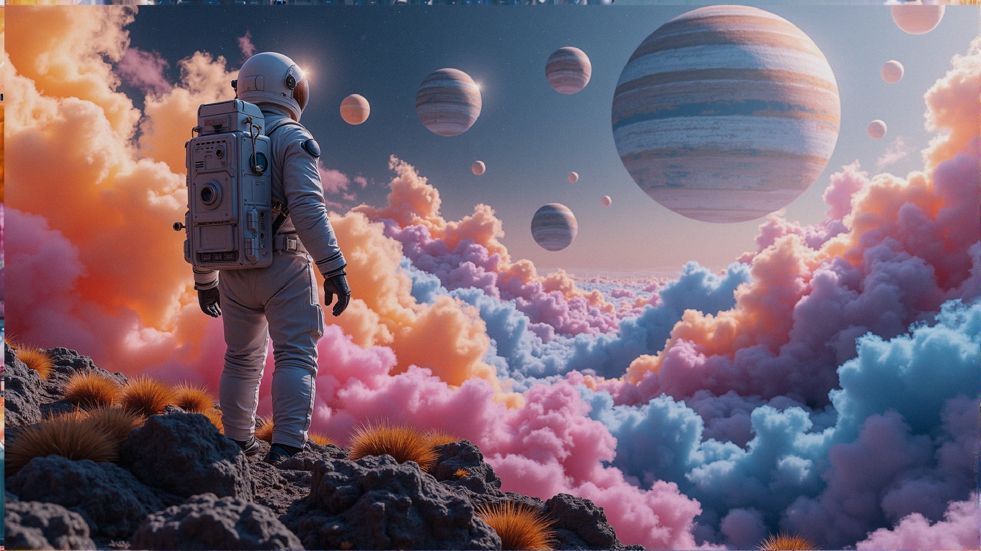 Astronaut on Rocky Surface in Surreal Space Landscape