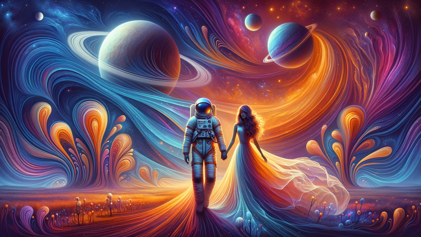 Astronaut and Woman in Cosmic Landscape Holding Hands