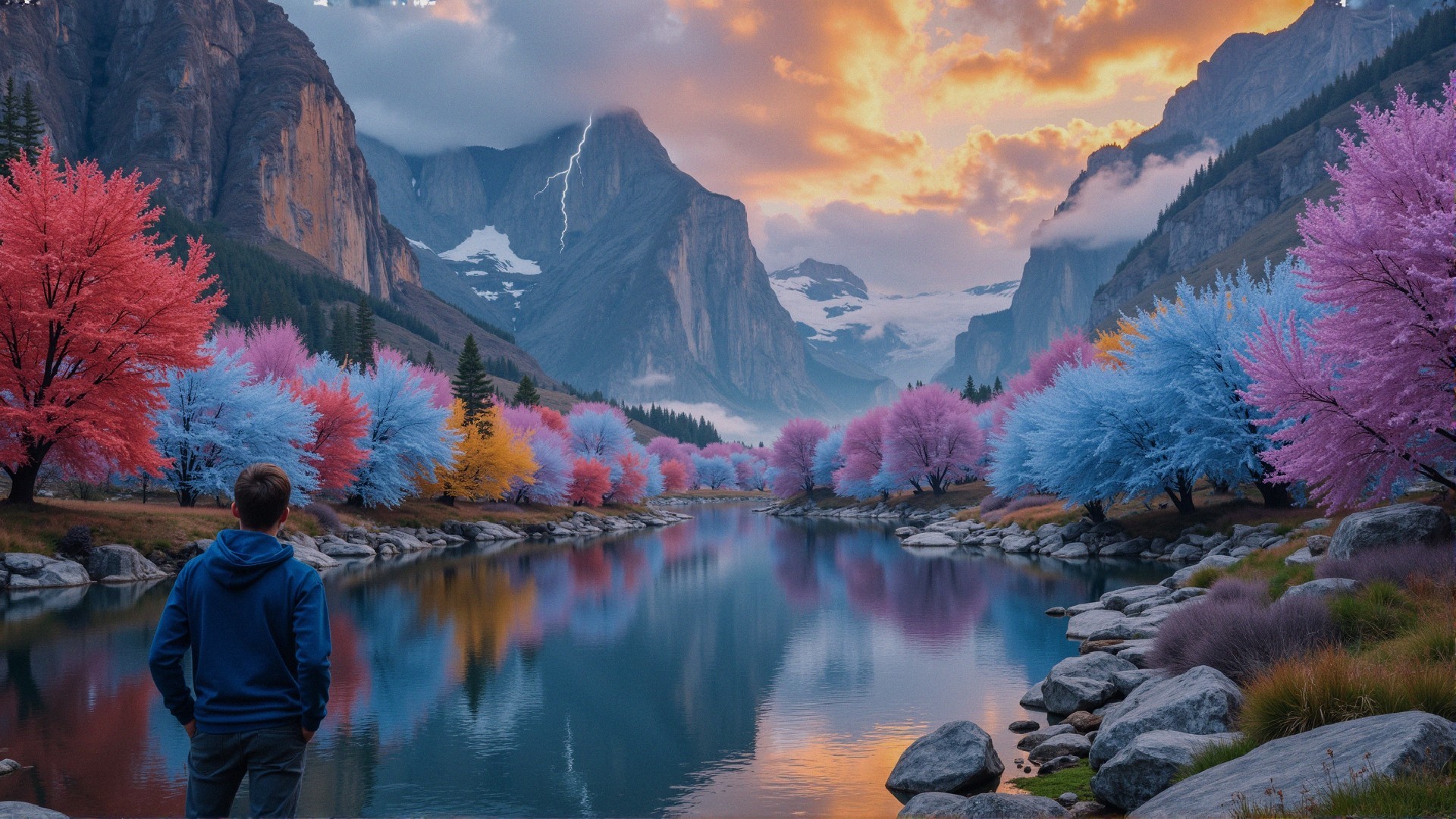 Vibrant Landscape with Pink and Blue Trees by River