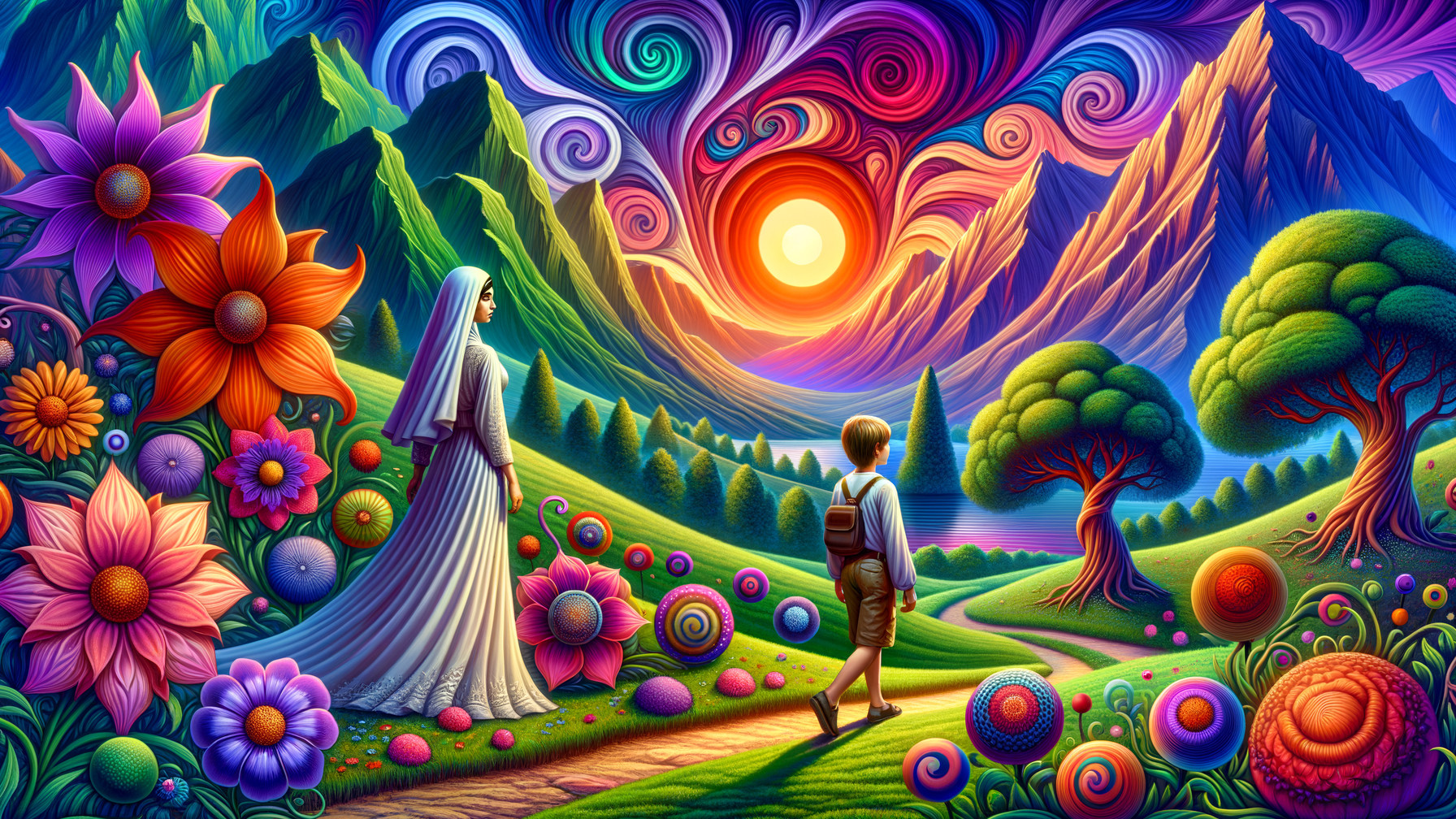 Vibrant Landscape with Woman and Boy Amidst Nature