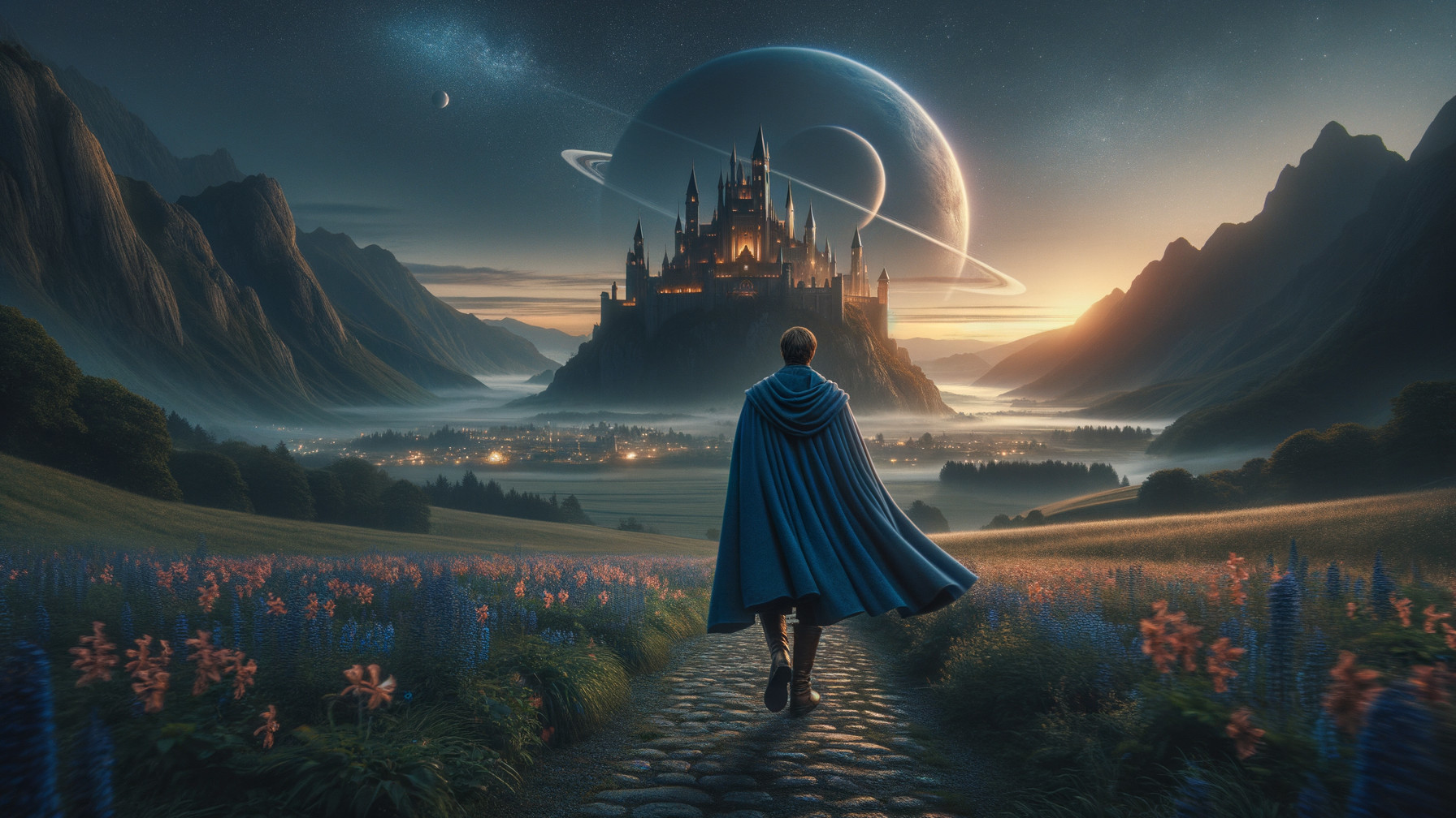 Man in Blue Cape Walking Towards Fantasy Castle