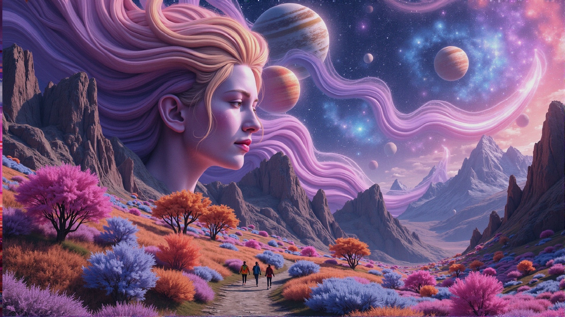Surreal Landscape with Ethereal Figure and Travelers