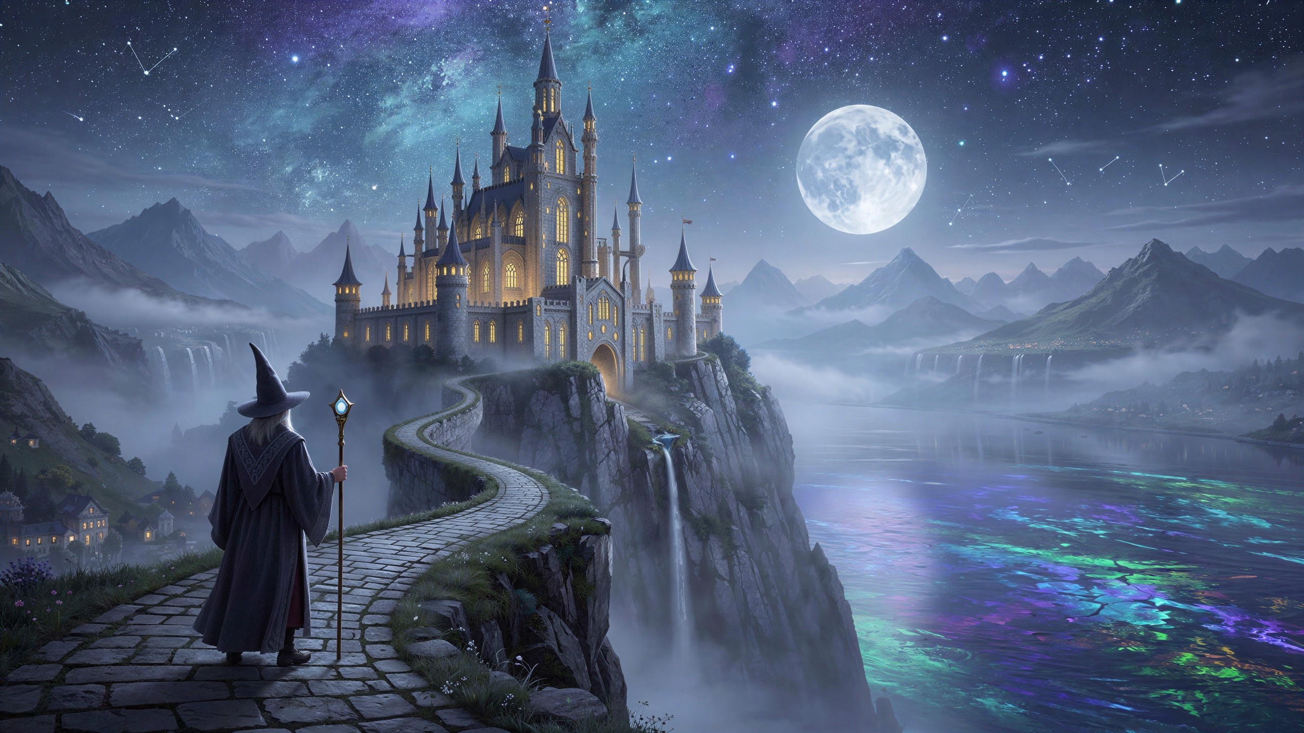 Old wizard on stone path to castle under night sky