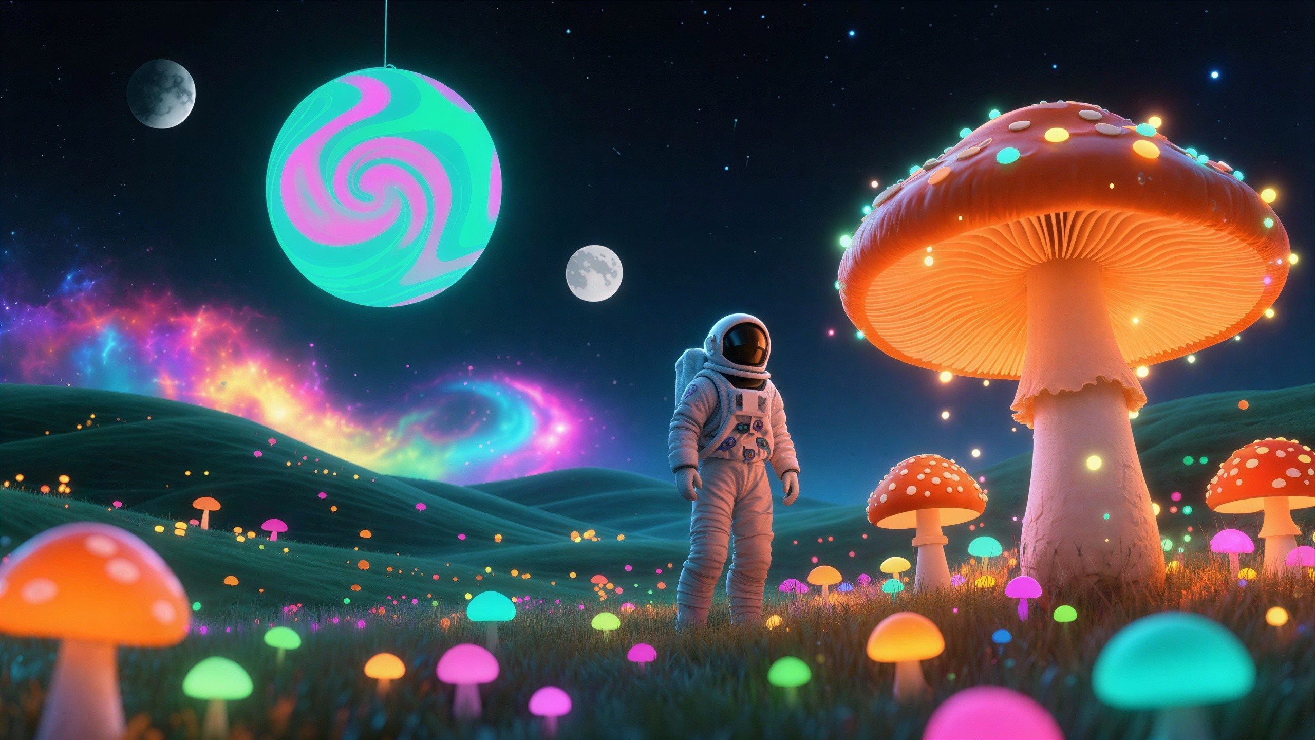 Astronaut in a Field of Glowing Mushrooms Under Moons