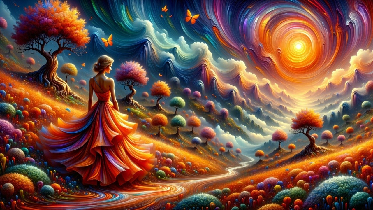 Vibrant Landscape with Woman at Colorful Sunset