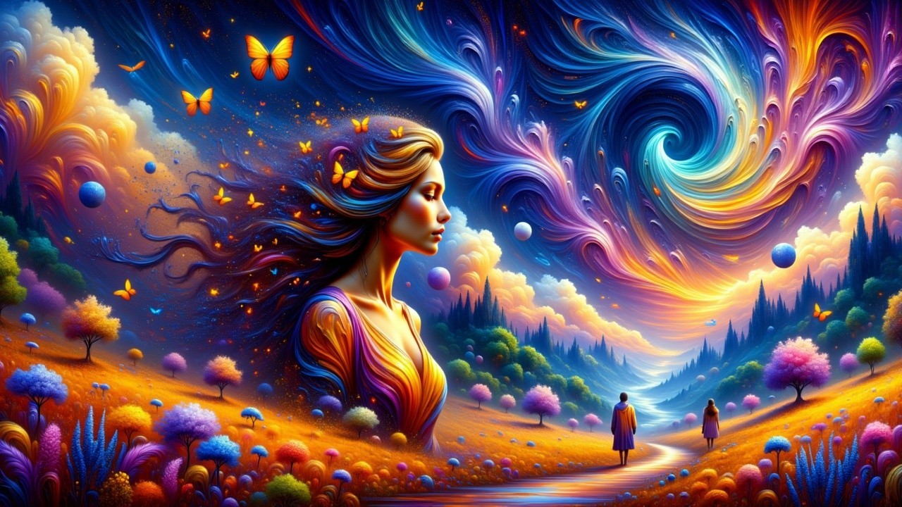 Vibrant Dreamlike Landscape with Serene Woman and Butterflies