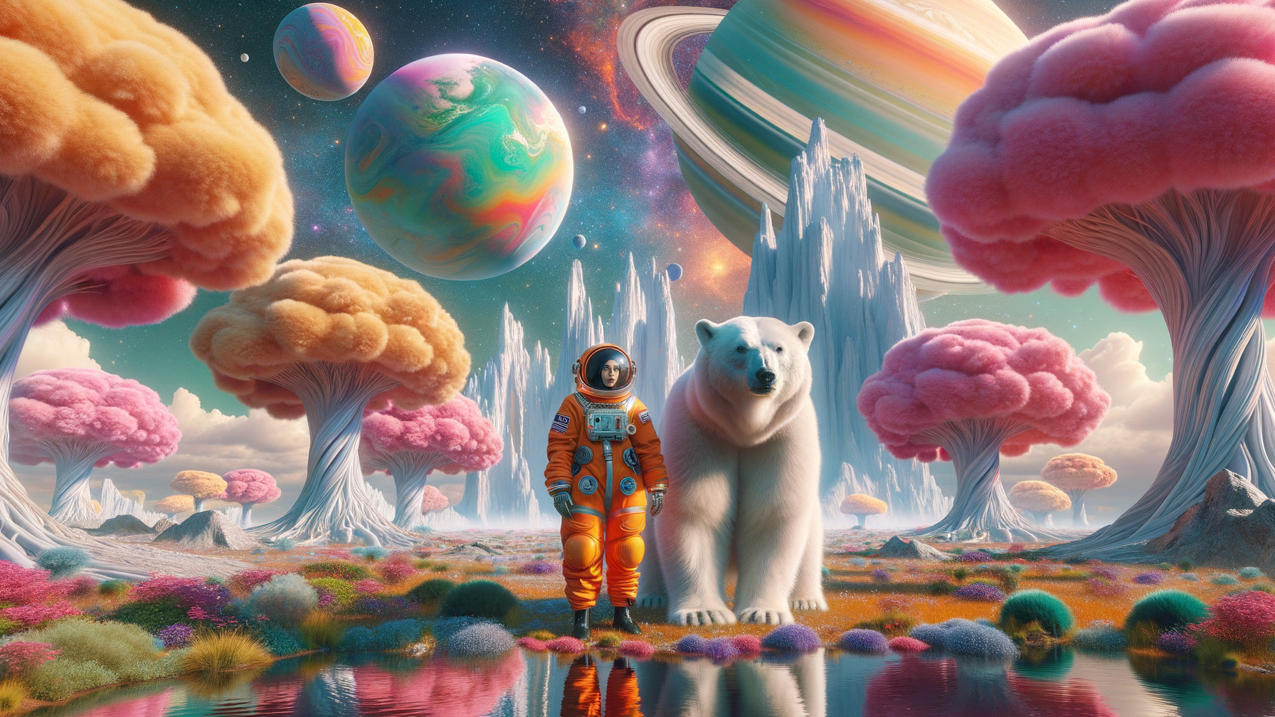 Astronaut and Polar Bear in Surreal Colorful Landscape