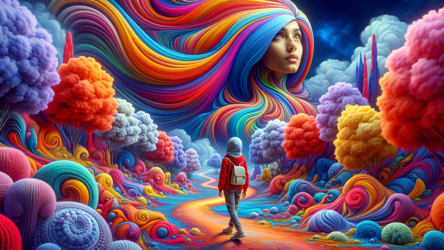 Vibrant Surreal Landscape with Ethereal Sky Face