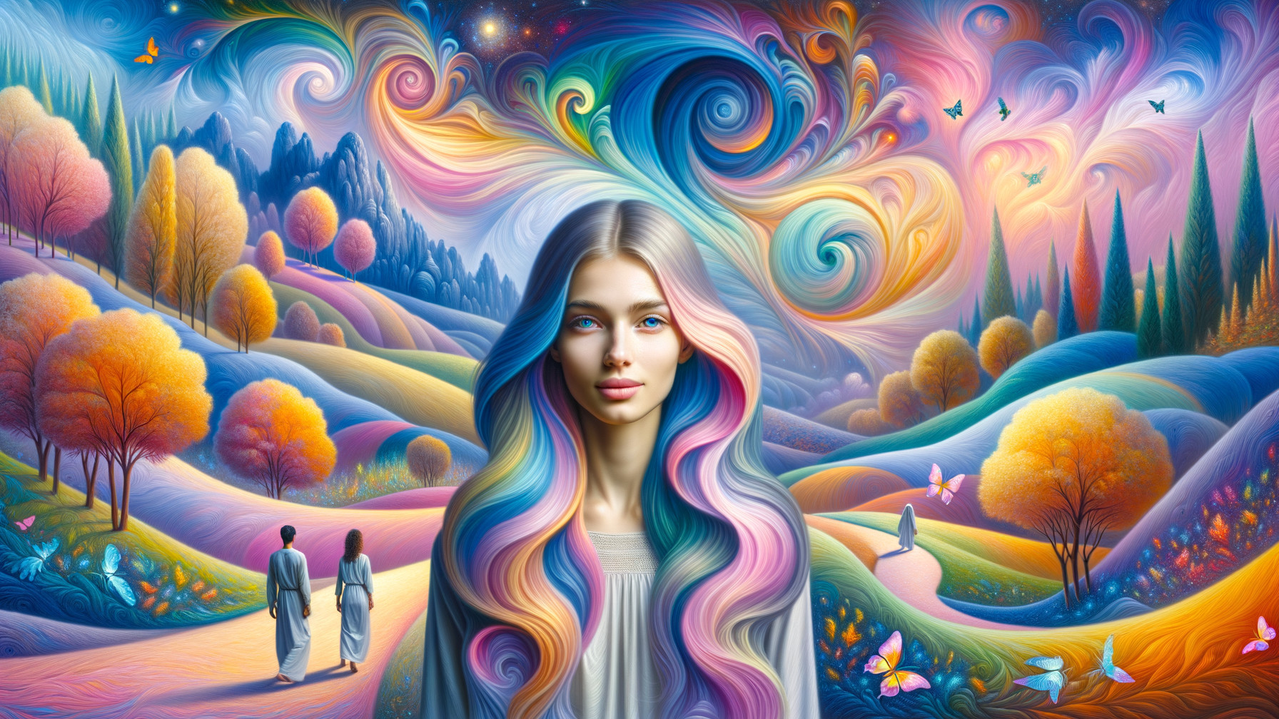 Surreal Landscape with Colorful Hair and Whimsical Elements