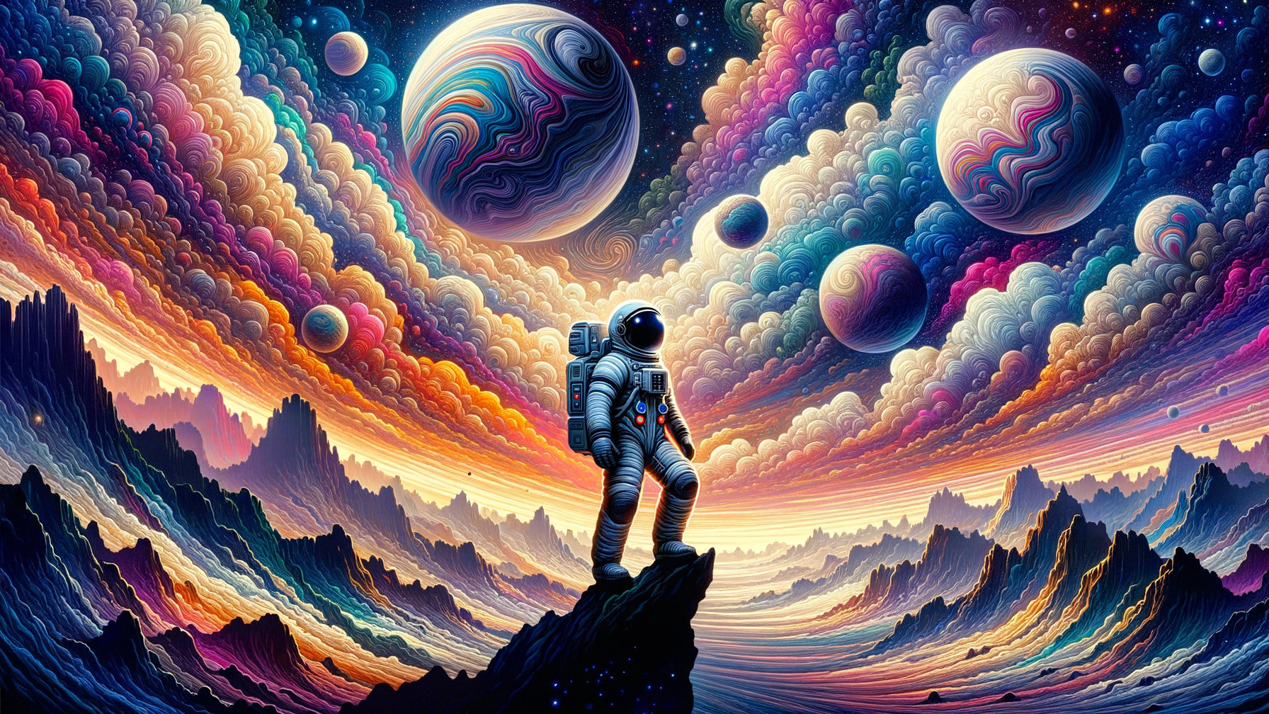 Astronaut on Rocky Peak in Vibrant Cosmic Landscape