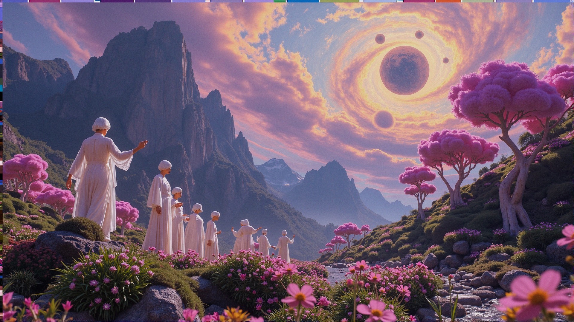 Figures in White Robes in a Vibrant Landscape Scene
