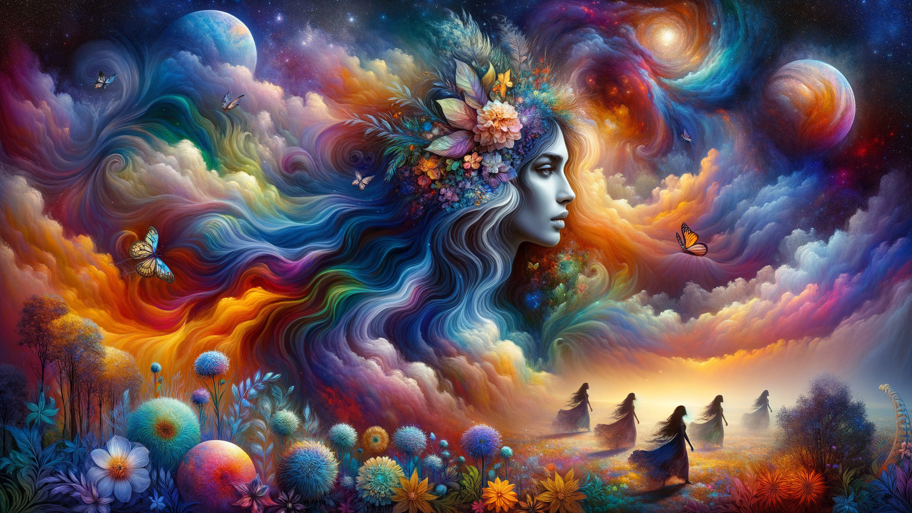 Vibrant Woman's Face with Flowers and Cosmic Elements