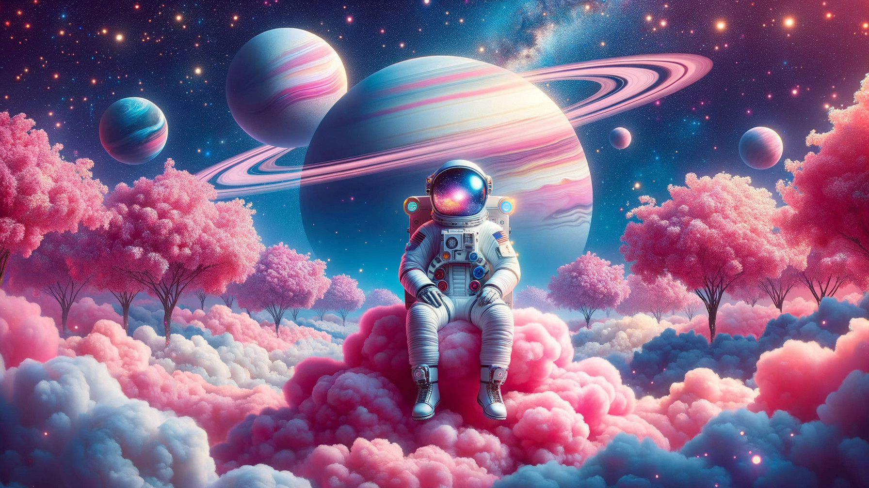 Astronaut on Pink Cloud Amid Cosmic Surrealism