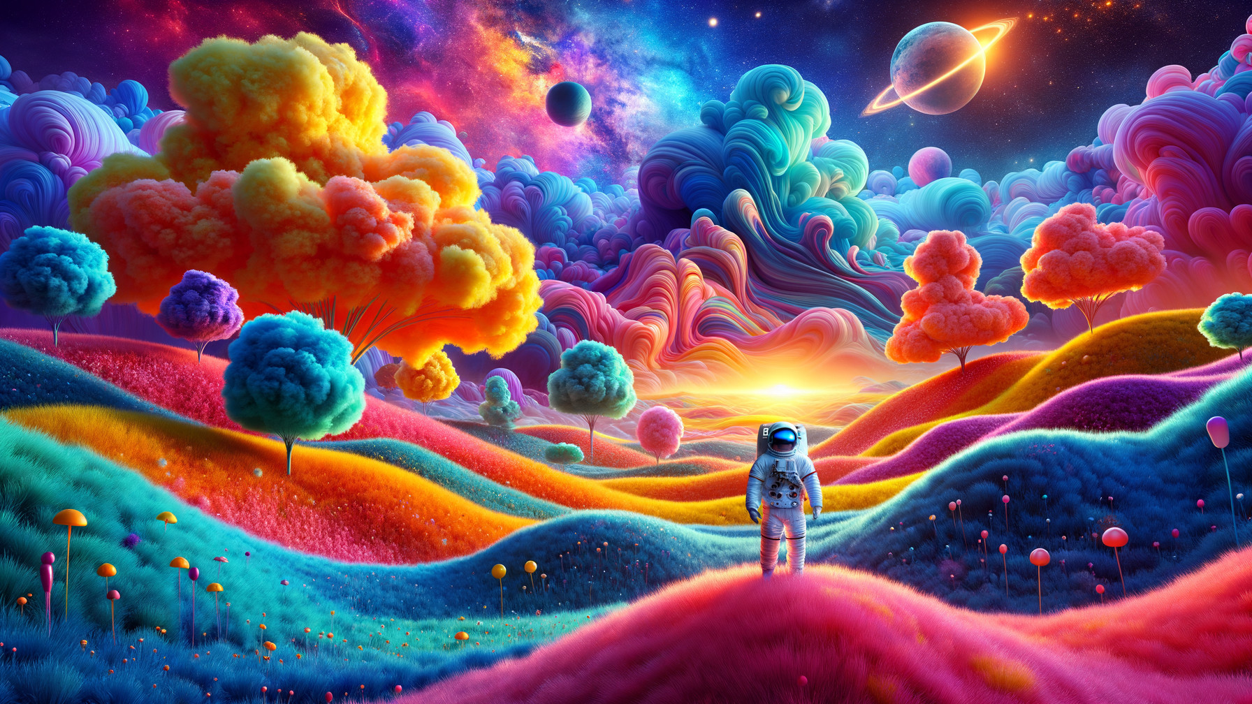 Surreal Landscape with Colorful Hills and Cosmic Sky