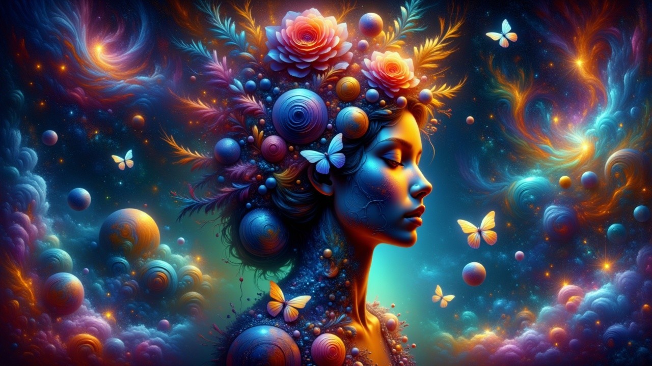 Profile of a Woman with Cosmic Flowers and Galaxy Background