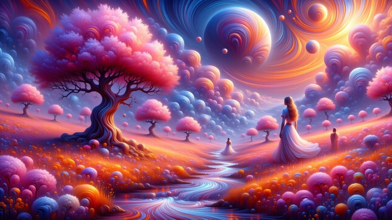 Vibrant Fantastical Landscape with Swirling Skies