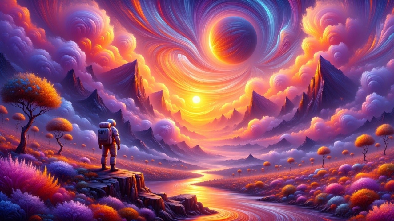 Astronaut Observes Vibrant Cosmic Landscape and Foliage