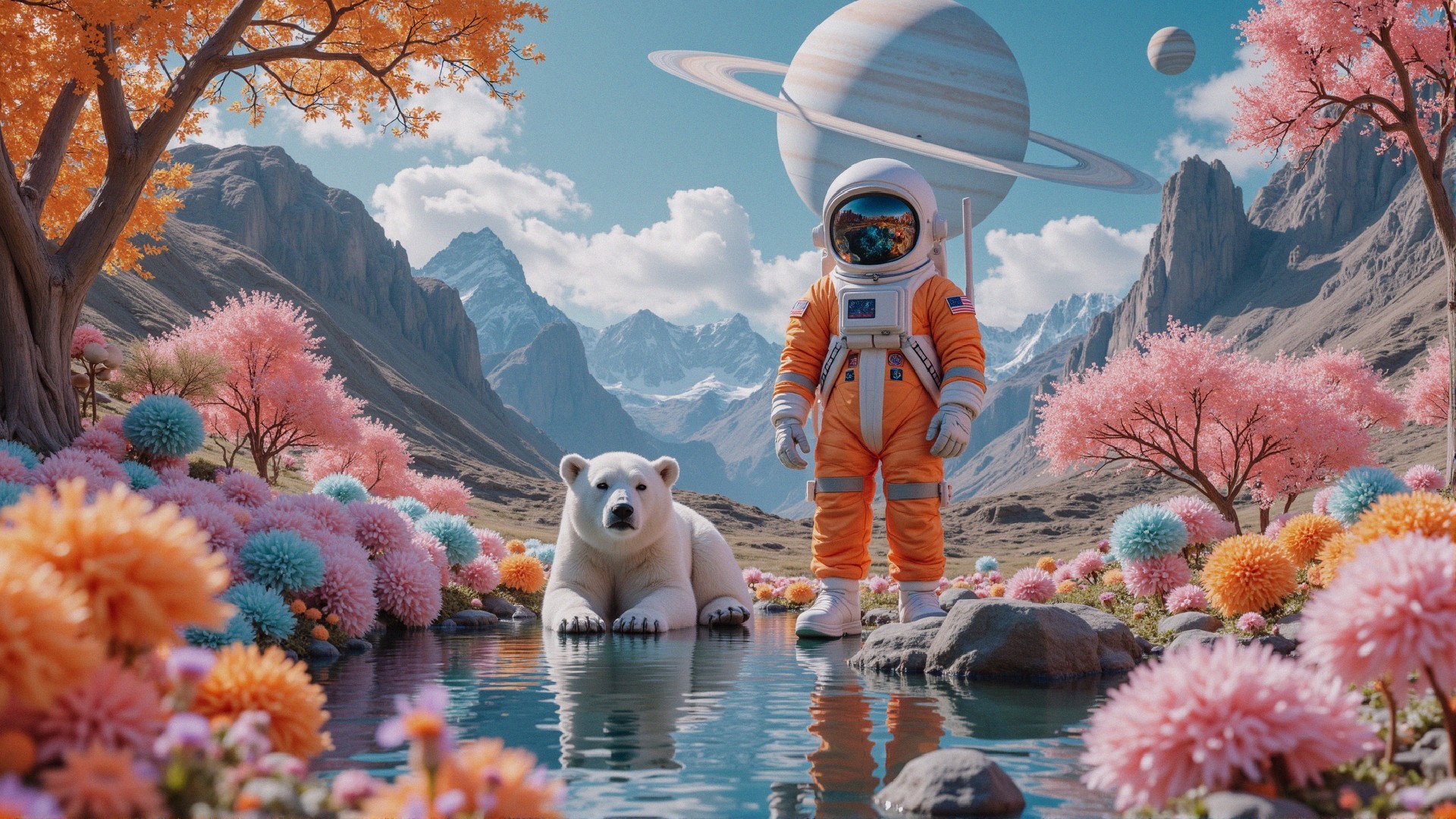 Astronaut and Polar Bear in Surreal Cosmic Landscape