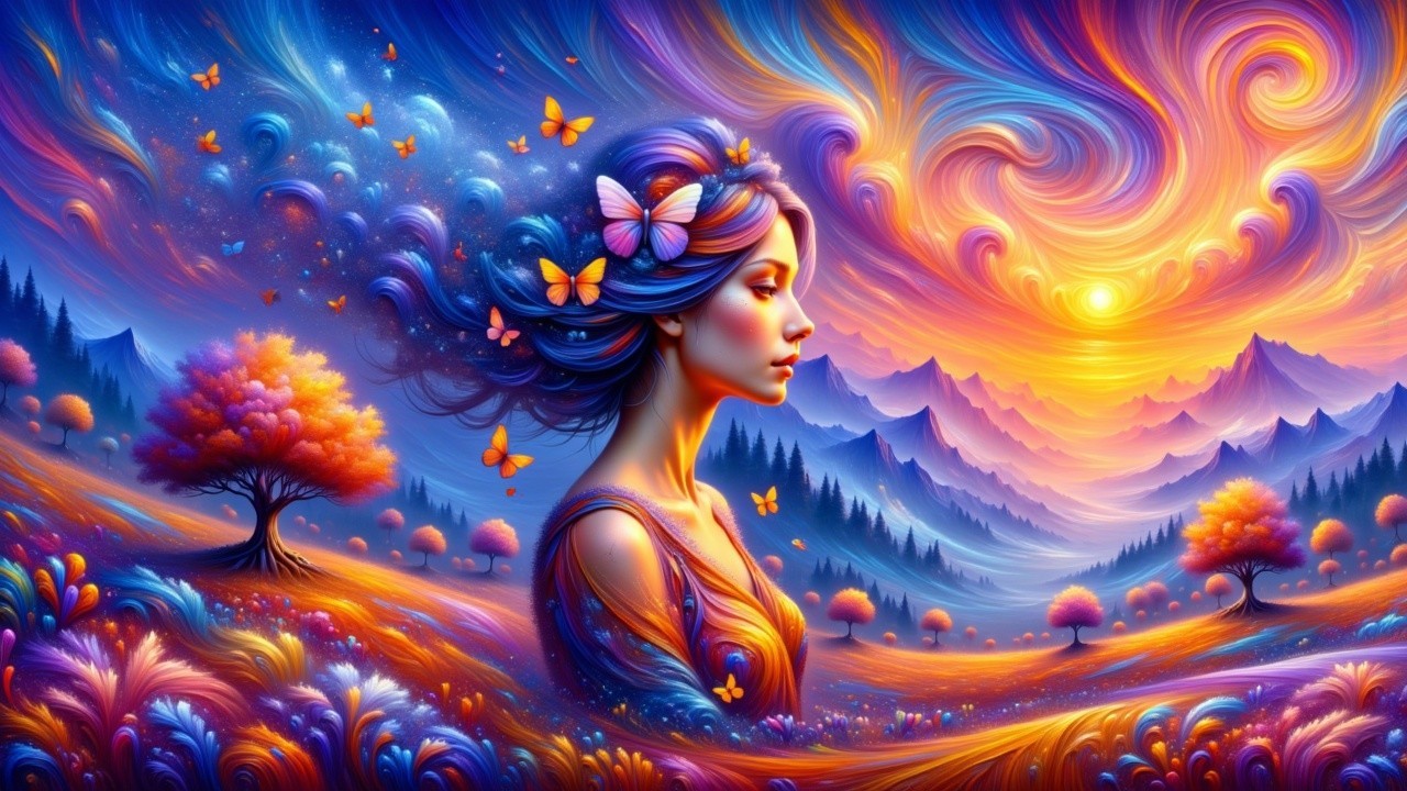 Surreal Landscape with Woman and Colorful Butterflies