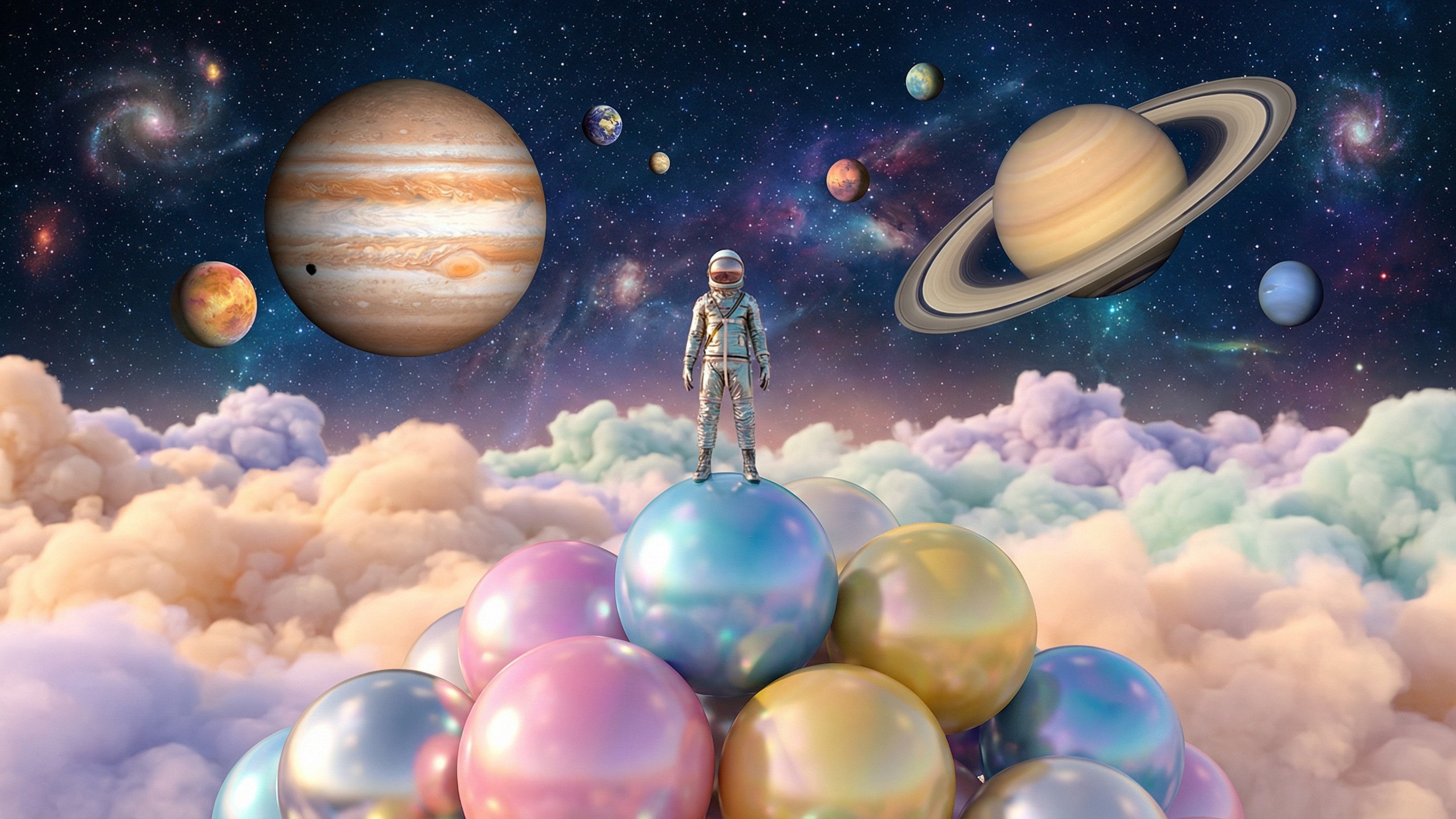 Astronaut on Colorful Spheres Amidst Pastel Clouds