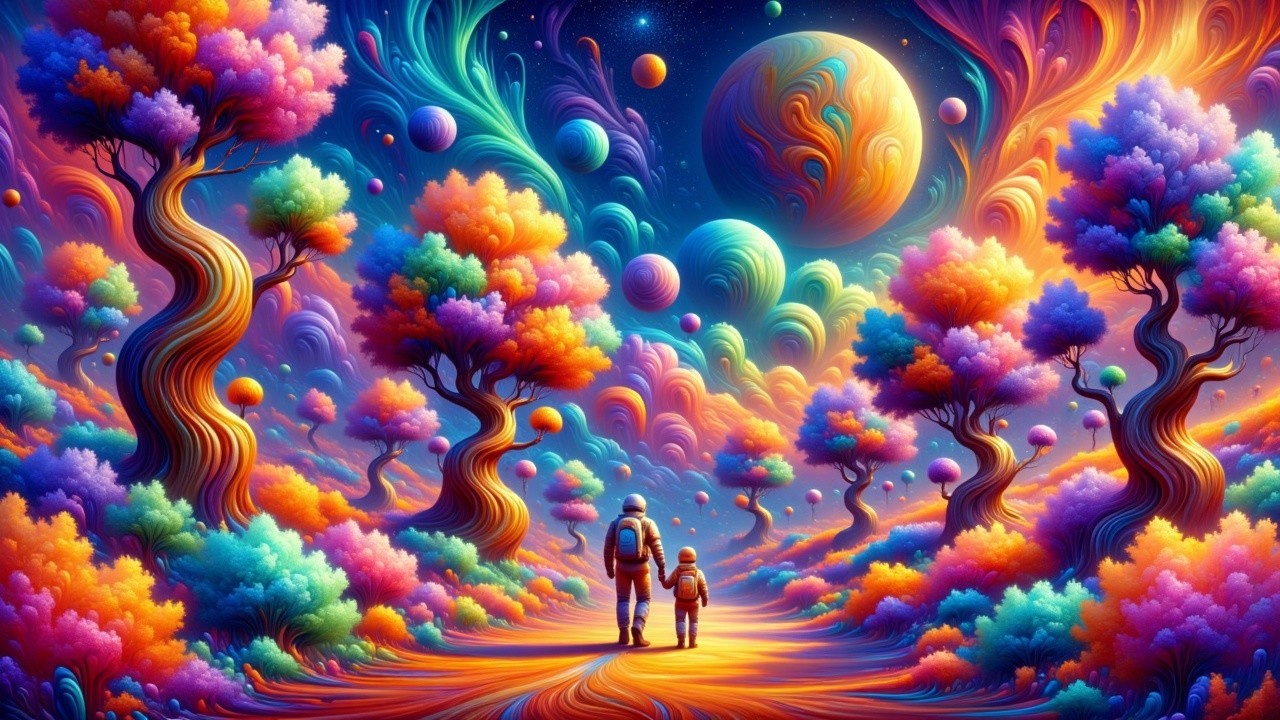 Surreal Landscape with Colorful Forest and Cosmos