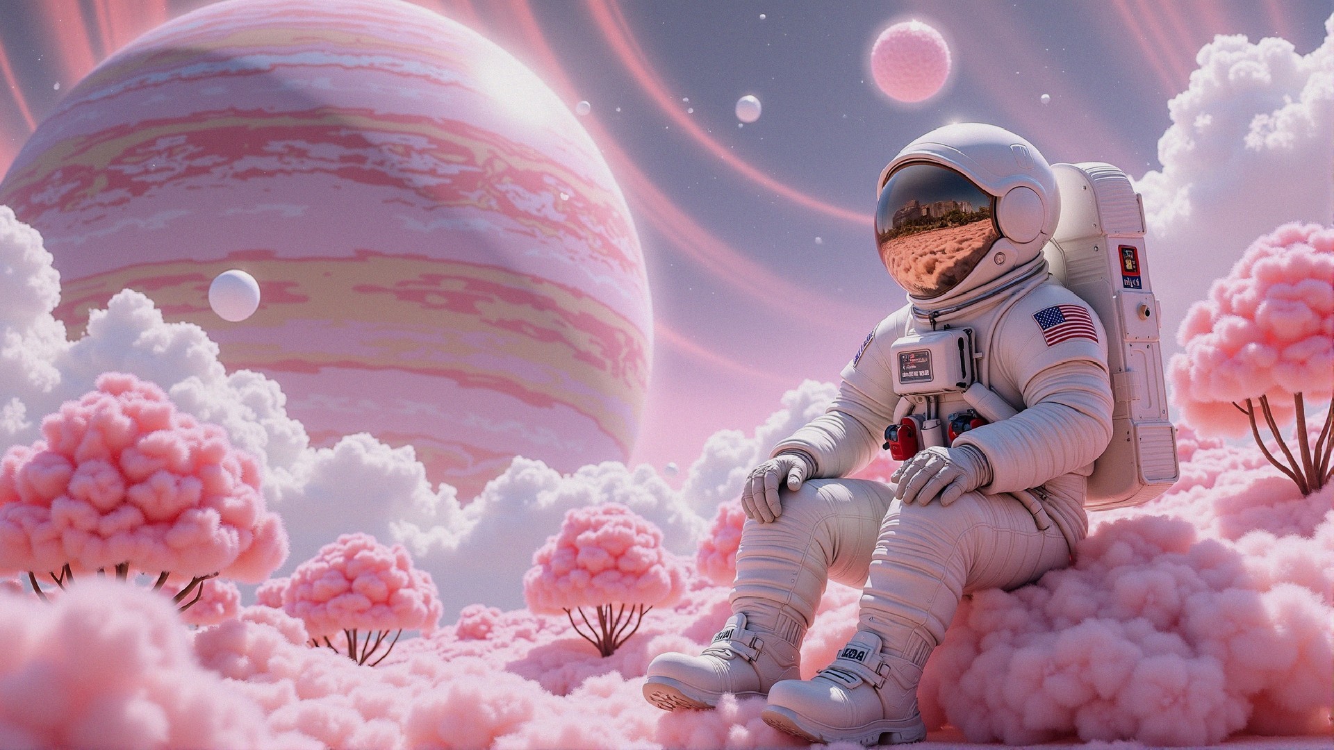 Astronaut on Pink Clouds in Candy-Colored Landscape