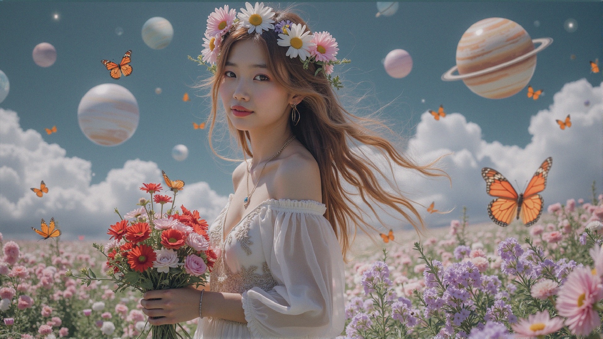 Young woman in floral field with butterflies and blooms