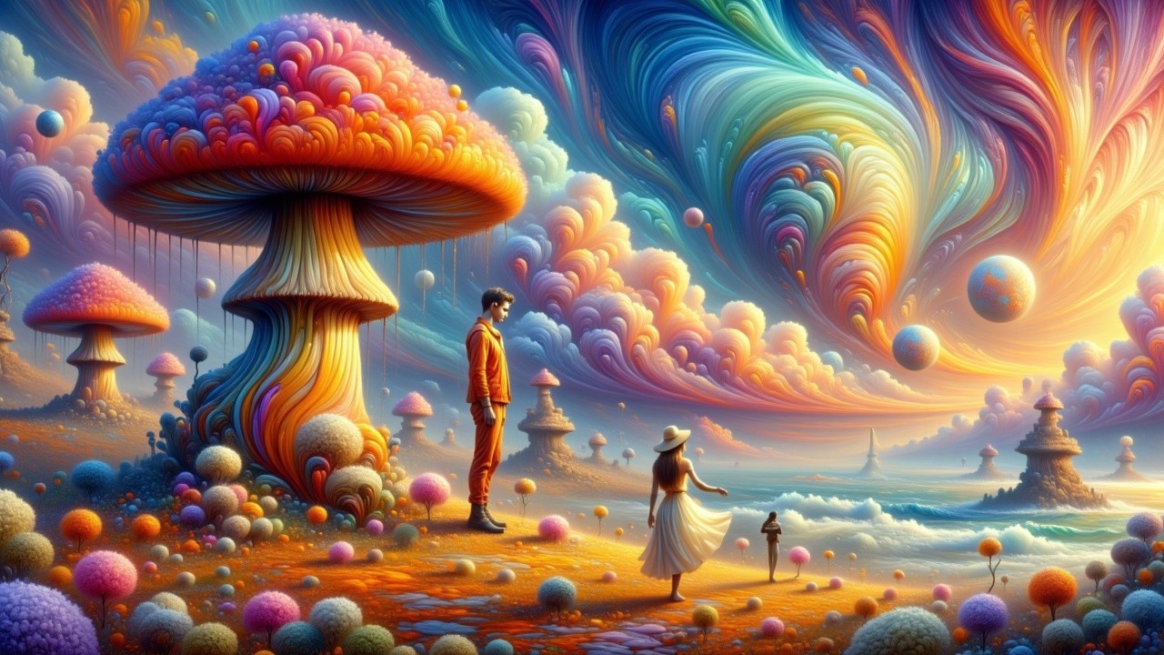 Surreal Landscape with Vibrant Mushrooms and Figures