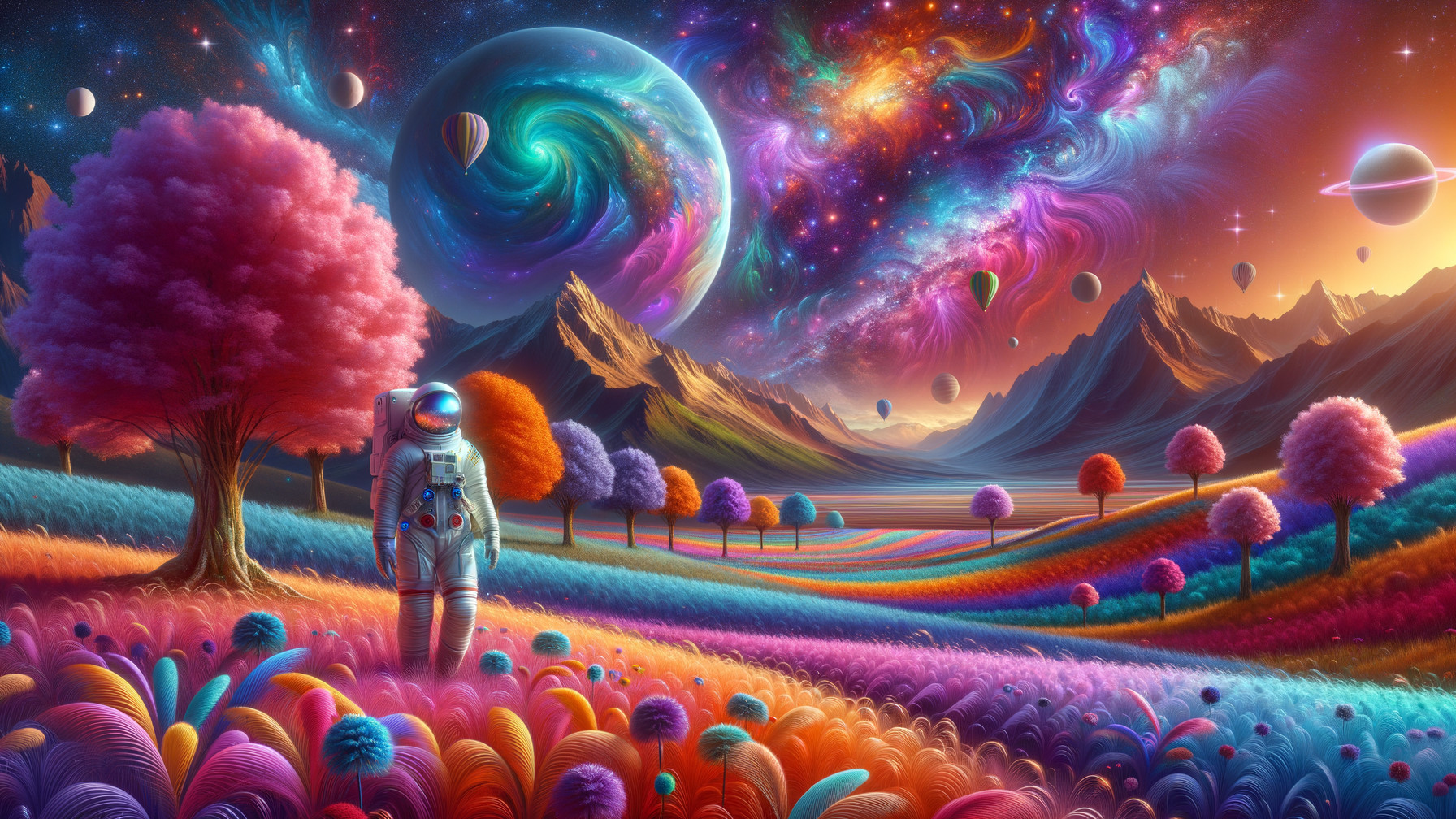 Vibrant Cosmic Landscape with Astronaut and Hot Air Balloons