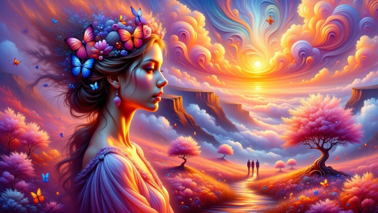 Serene Sunset Landscape with Floral Crown and Nature