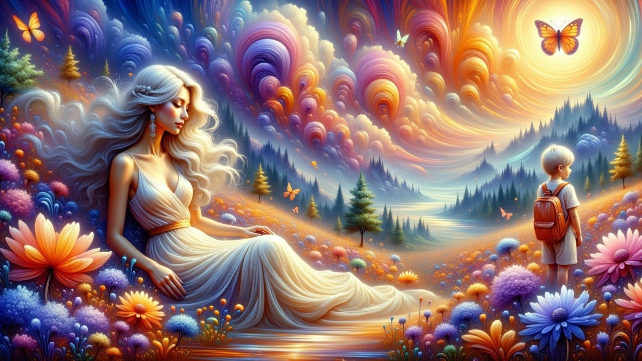 Dreamlike Landscape with Woman, Child, and Butterflies