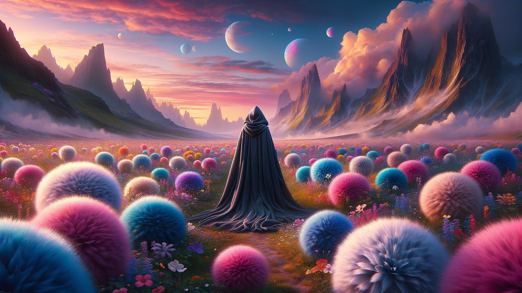 Cloaked Figure in a Vibrant Fantastical Landscape