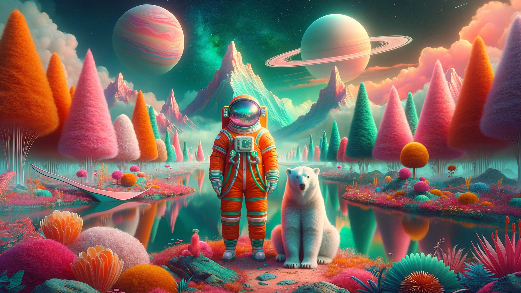 Astronaut and Polar Bear in Surreal Colorful Landscape