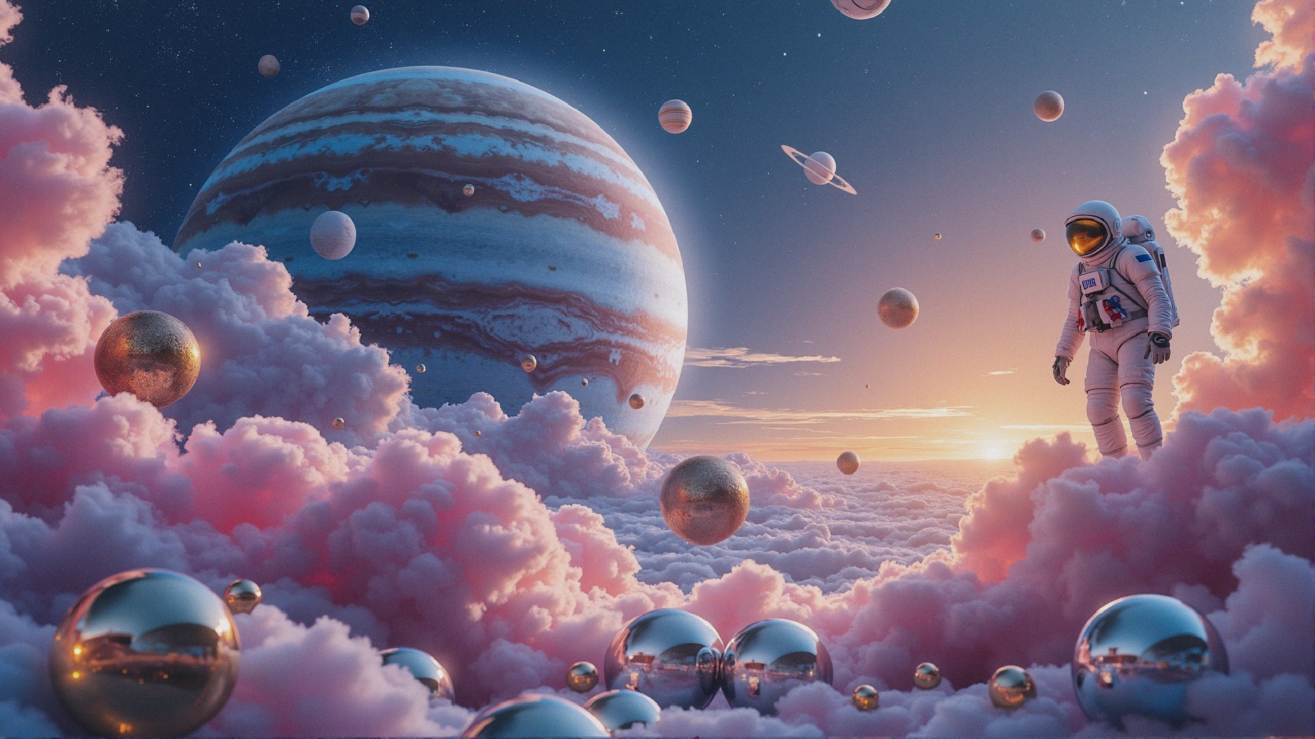 Surreal Cosmic Landscape with Astronaut on Clouds