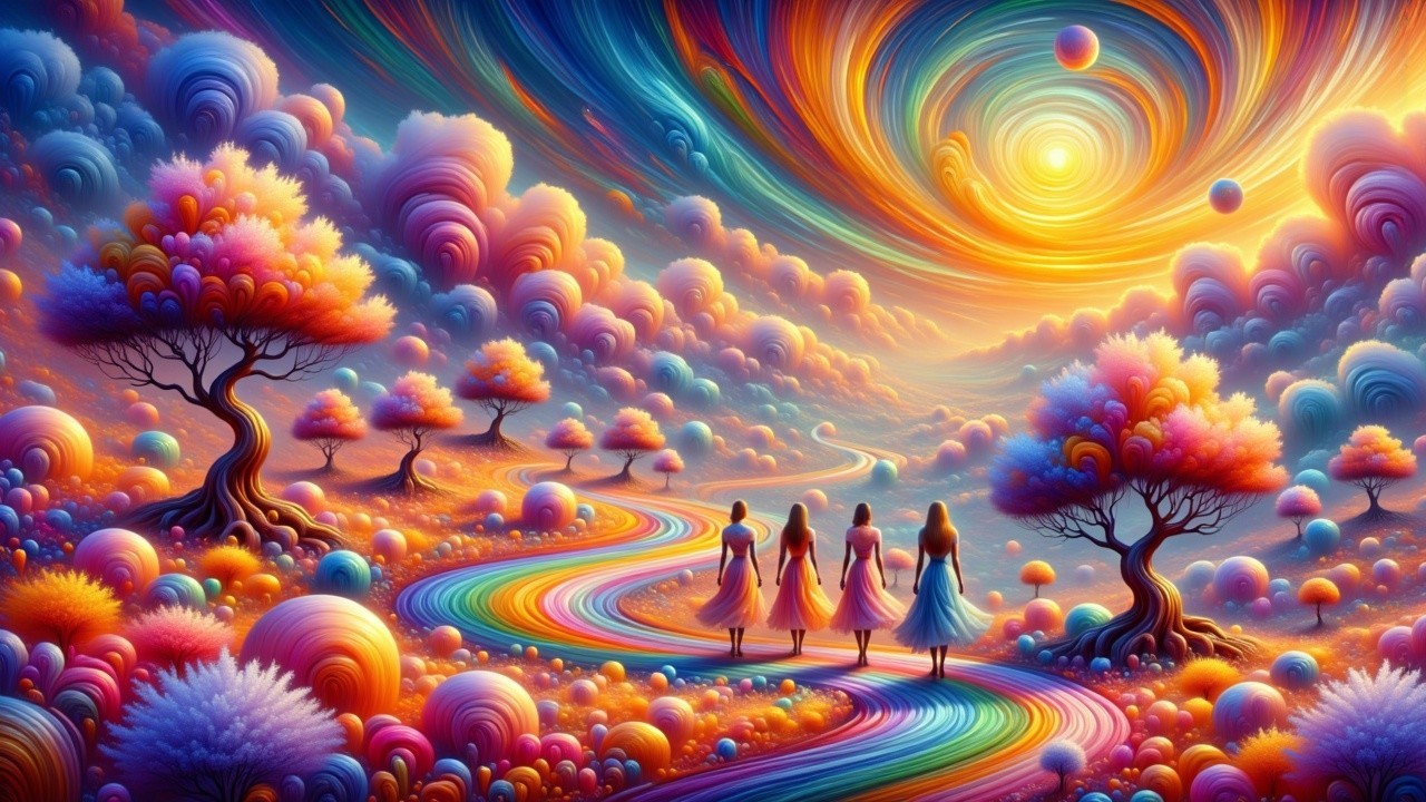 Three Figures on a Vibrant Path in a Dreamlike Landscape