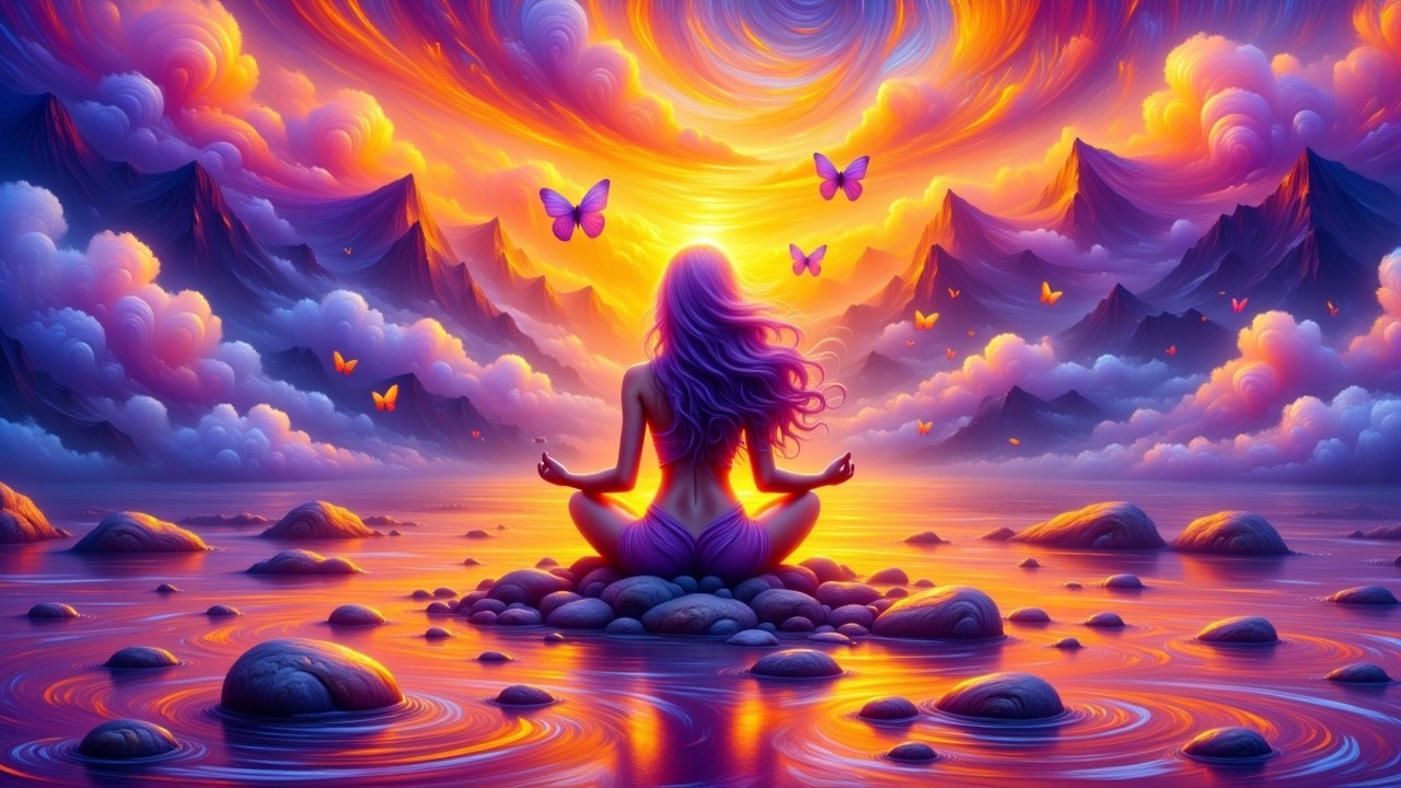 Meditation Scene with Vibrant Sunset and Mountains