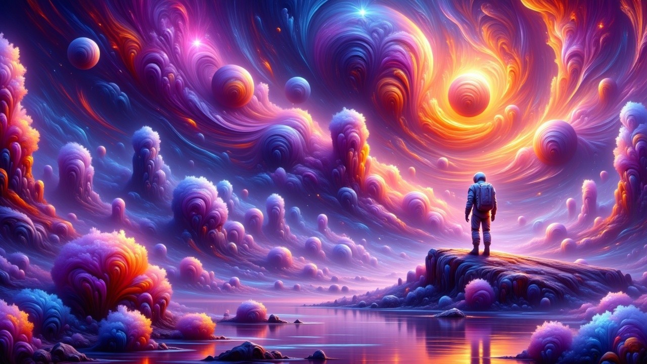 Astronaut Observing Colorful Cosmic Landscape and Reflection