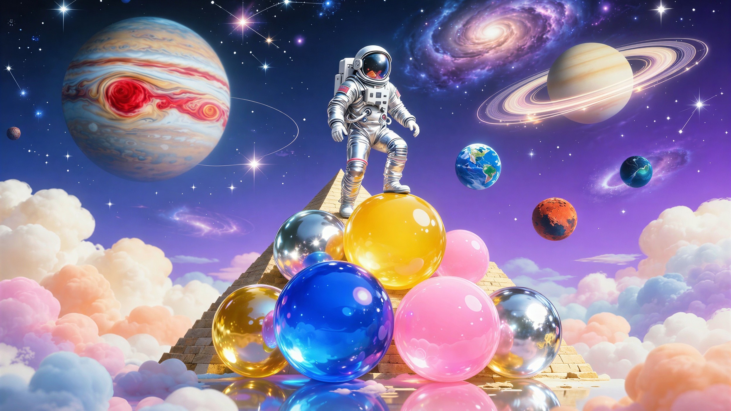Astronaut on Pyramid with Colorful Spheres and Celestial Sky
