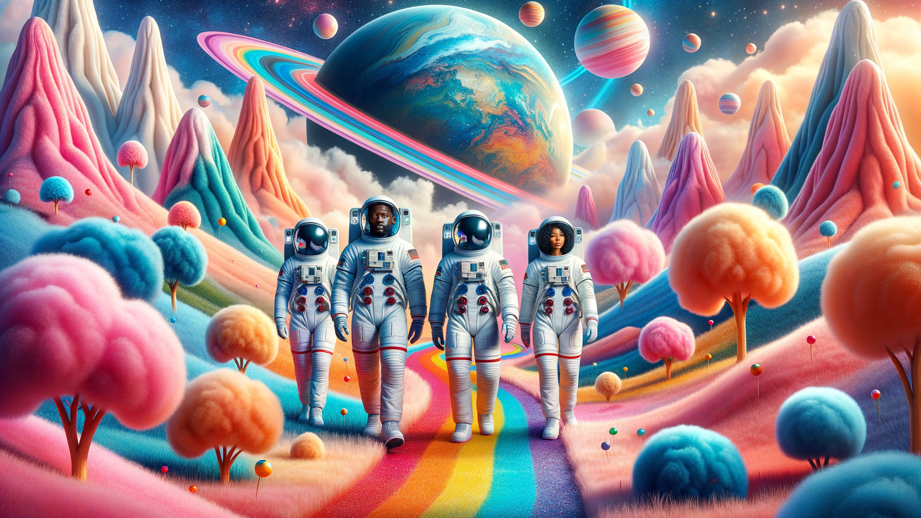 Astronauts Exploring a Colorful Dreamlike Landscape