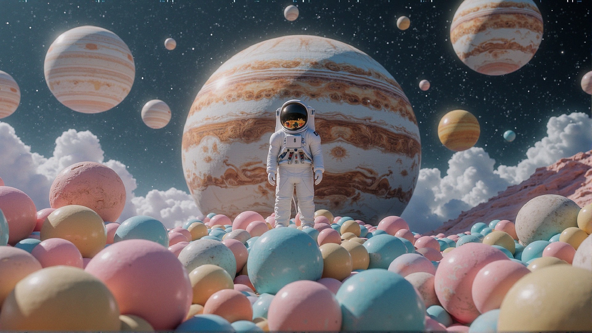 Astronaut in a surreal pastel-colored cosmic landscape
