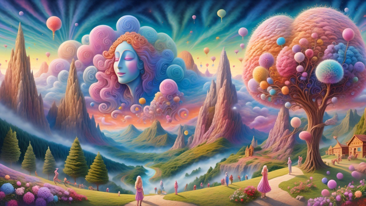 Surreal Landscape with Dreamy Sky and Vibrant Elements