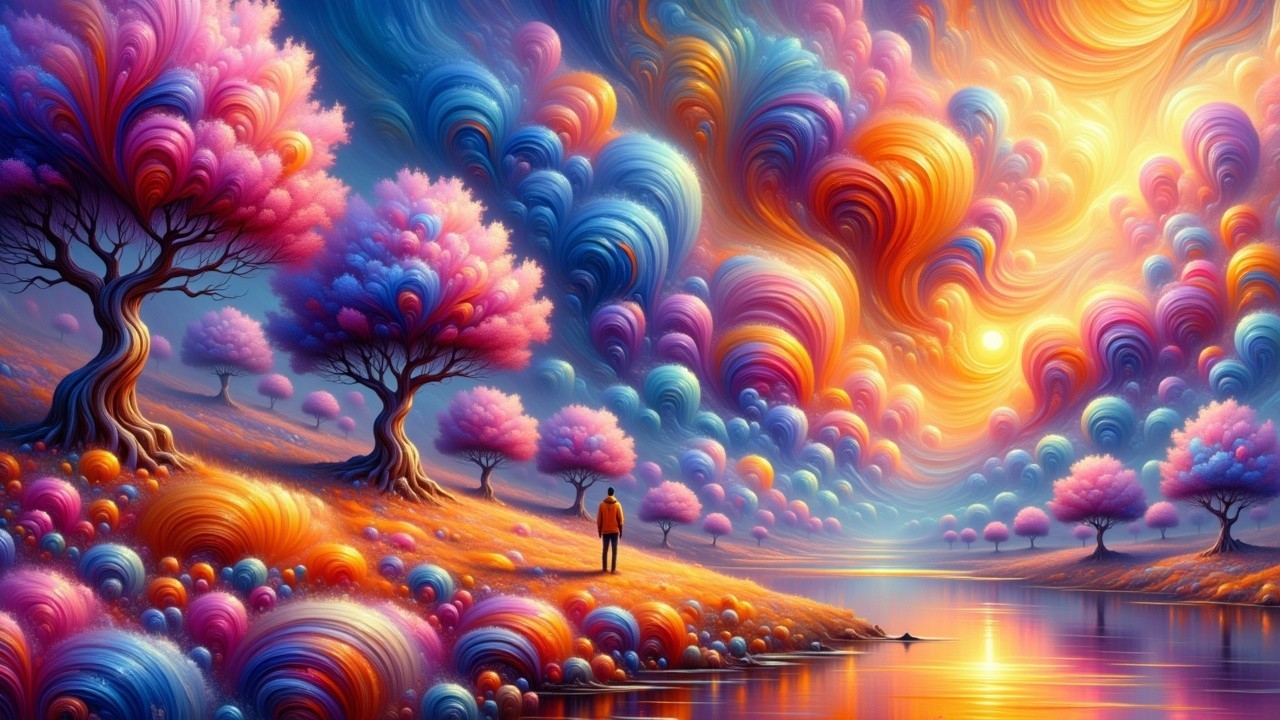 Vibrant Landscape with Colorful Clouds and Serene River