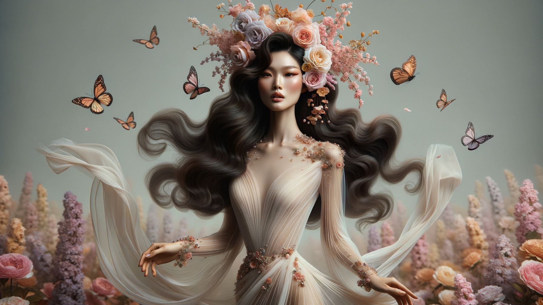 Ethereal Figure in Floral Field with Butterflies